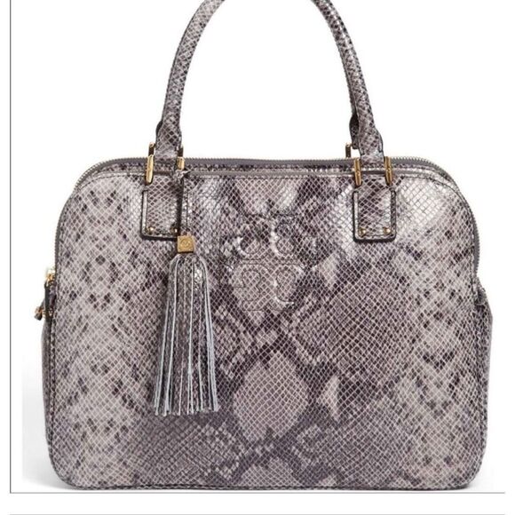 NEW Tory Burch Thea snake print 3 zip compartment purse bag satchel gray leather - Picture 1 of 9